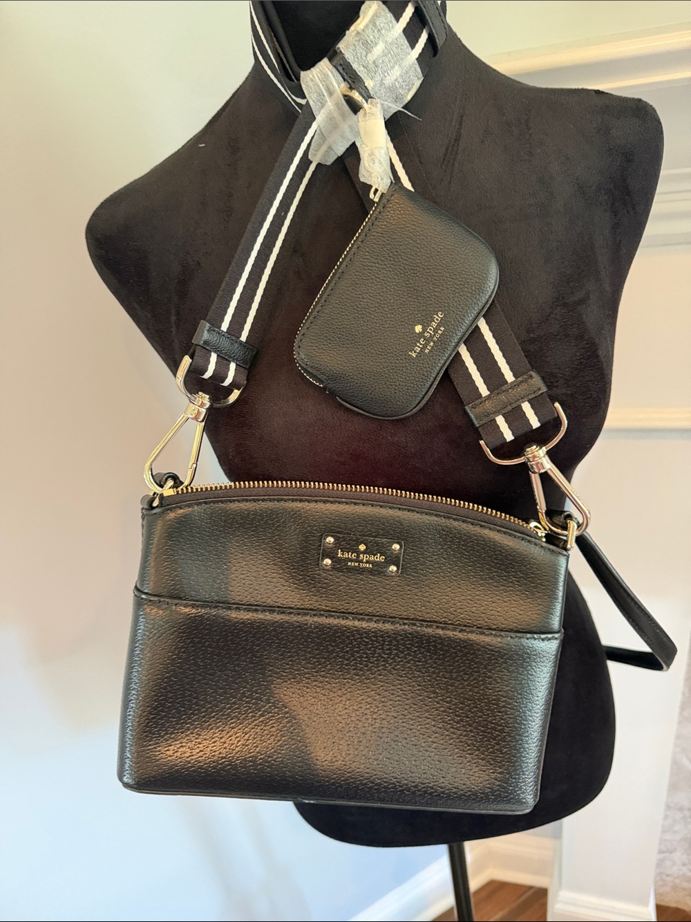 kate spade Black Pebbled Leather Crossbody with Striped Strap and Coin Pouch